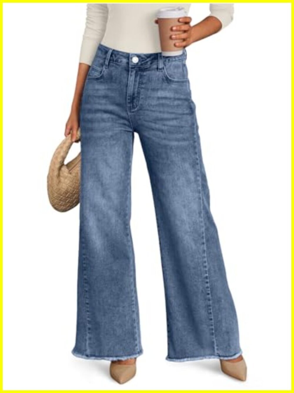 Wide Leg Jeans Raw Hem Retro Flare Stretch Waist